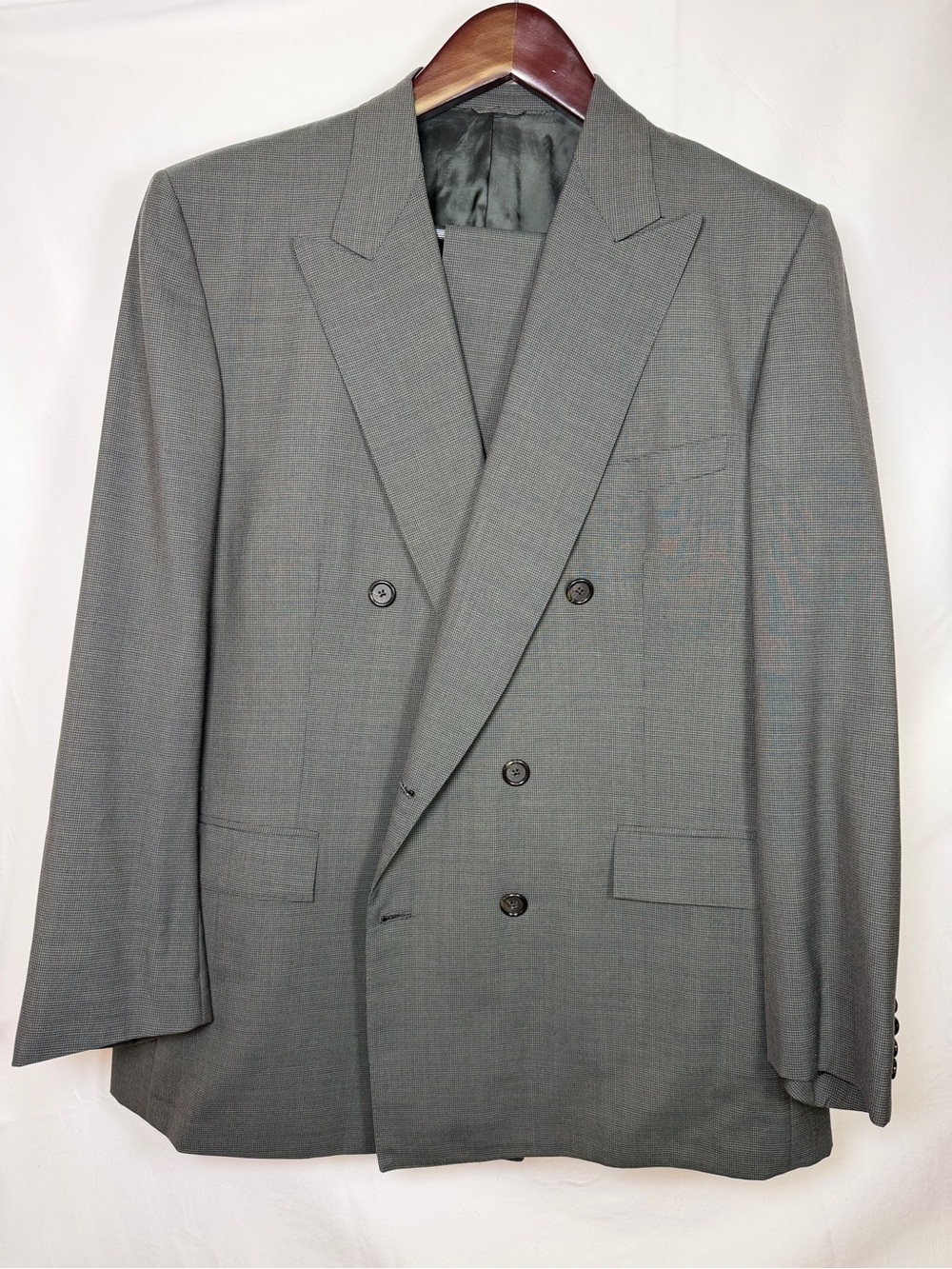 Vintage 1996 Custom Tailored Olive Gray Summer Suit Double Breasted 46L/40 Pant